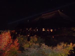 ライトアップの時に撮影した清水寺。建物は暗く、紅葉も違和感のある色で肉眼で観た時の美しさが表現できませんでした。